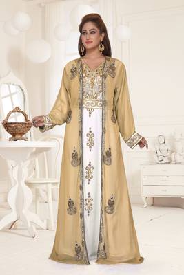 Beige & White color Full Sleeves Handmade Two-Piece Jacket Style Moroccan Kaftan 1