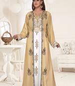 Beige & White color luxurious Full Sleeves Handmade Two-Piece Jacket Style Moroccan Kaftan.