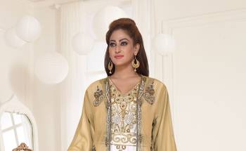 Beige & White color Full Sleeves Handmade Two-Piece Jacket Style Moroccan Kaftan 2
