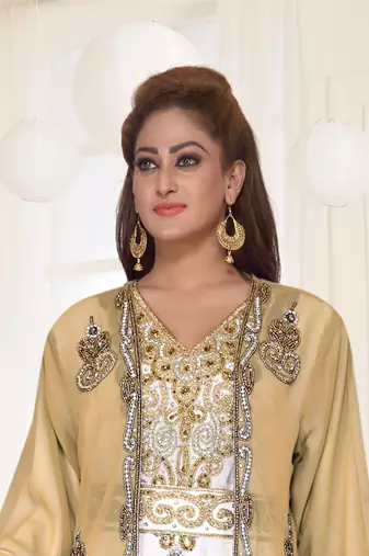 Beige & White color Full Sleeves Handmade Two-Piece Jacket Style Moroccan Kaftan