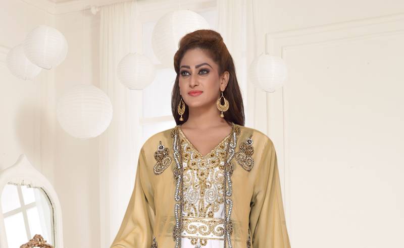 Beige & White color luxurious Full Sleeves Handmade Two-Piece Jacket Style Moroccan Kaftan.