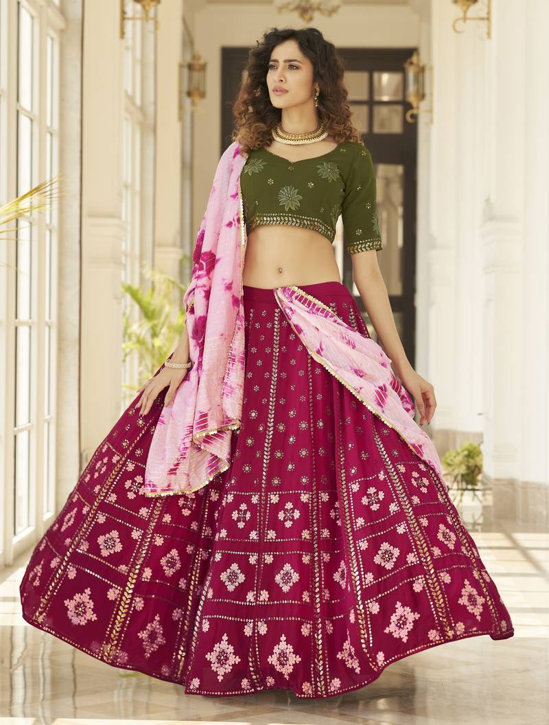 Deep Pink Thread And Sequins Embroidered Georgette Semi Stitched Designer Lehenga For Wedding