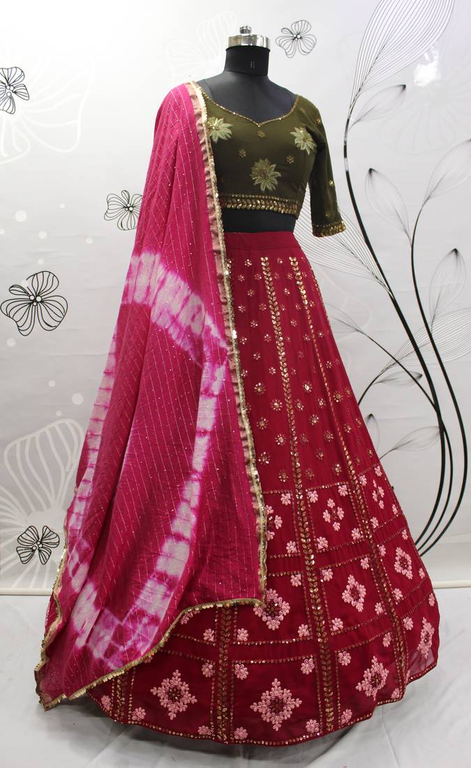 Deep Pink Thread And Sequins Embroidered Georgette Semi Stitched Designer Lehenga For Wedding