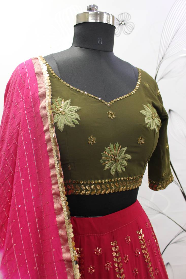 Deep Pink Thread And Sequins Embroidered Georgette Semi Stitched Designer Lehenga For Wedding