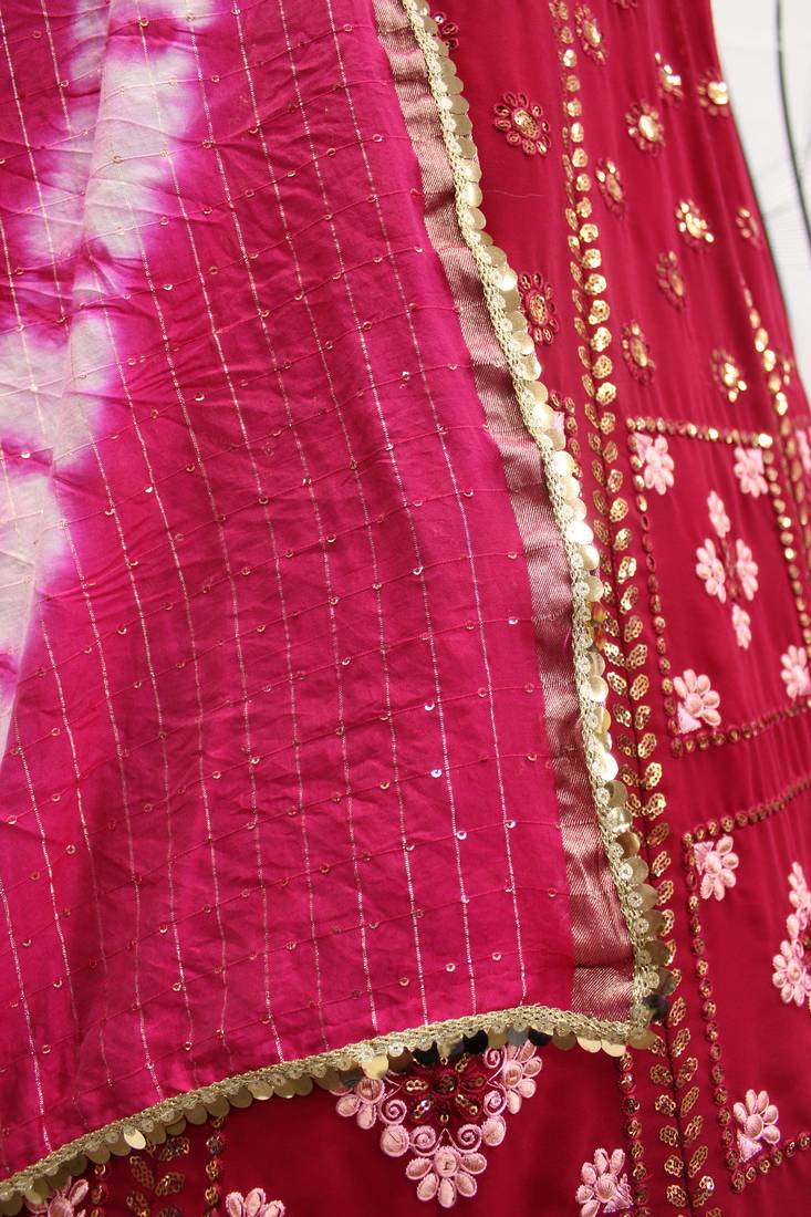 Deep Pink Thread And Sequins Embroidered Georgette Semi Stitched Designer Lehenga For Wedding