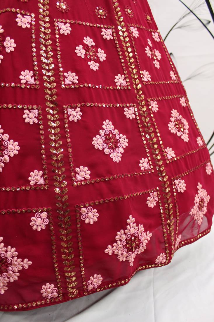 Deep Pink Thread And Sequins Embroidered Georgette Semi Stitched Designer Lehenga For Wedding