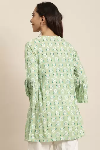 Women'S Rayon Floral Printed Flared Short Kurti (Green)
