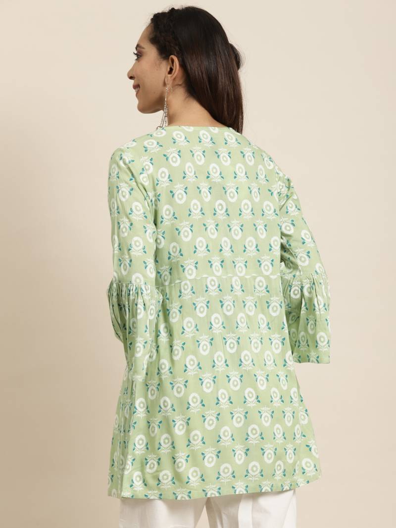 Women'S Rayon Floral Printed Flared Short Kurti (Green)