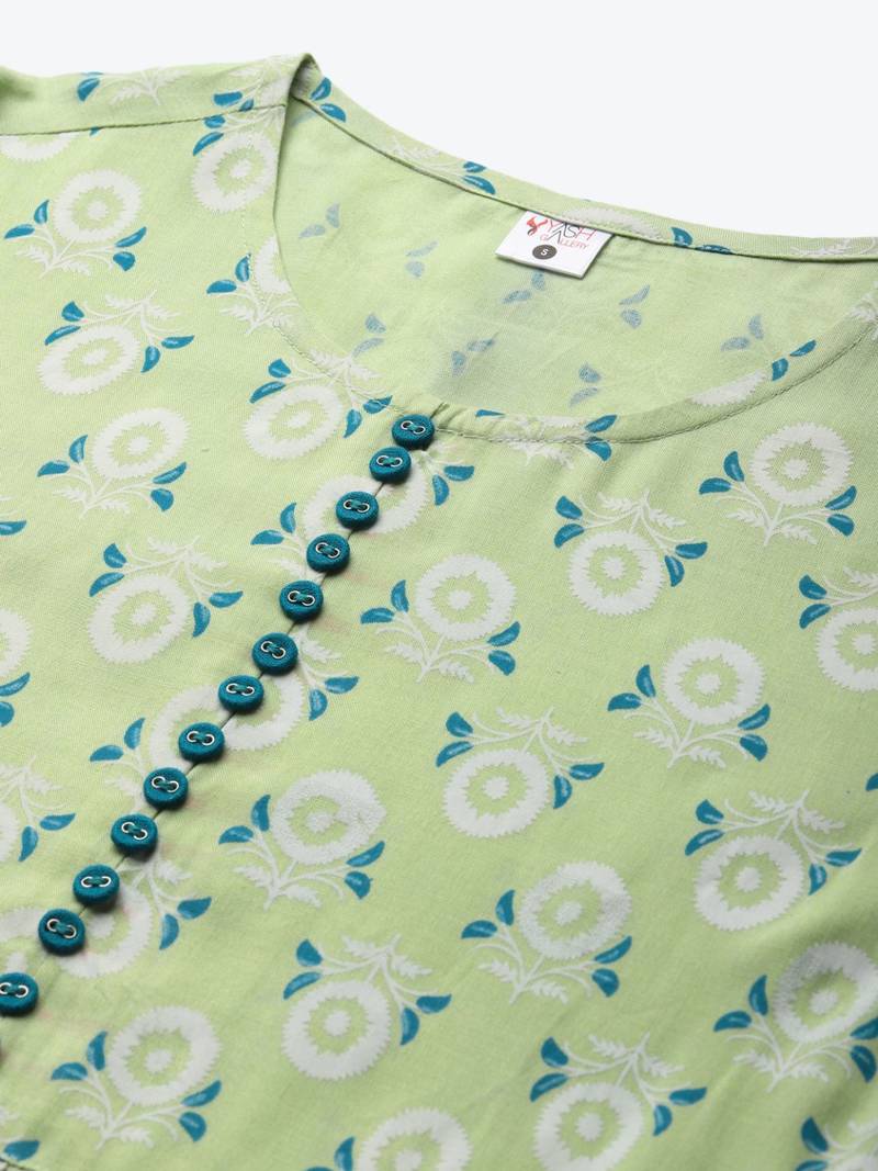 Women'S Rayon Floral Printed Flared Short Kurti (Green)