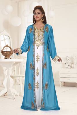 Cyan & White color Full Sleeves Handmade Two-Piece Jacket Style Moroccan Kaftan 1