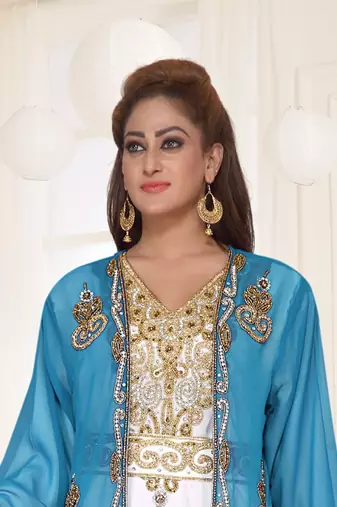 Cyan & White color Full Sleeves Handmade Two-Piece Jacket Style Moroccan Kaftan