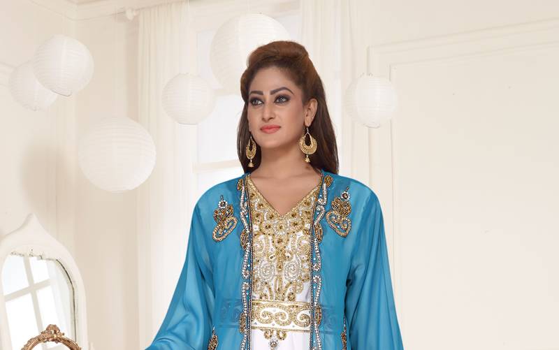 Cyan & White color luxurious Full Sleeves Handmade Two-Piece Jacket Style Moroccan Kaftan.