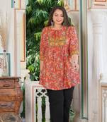 Women'S Plus Size Floral Placement Printed Short Kurti (Red)