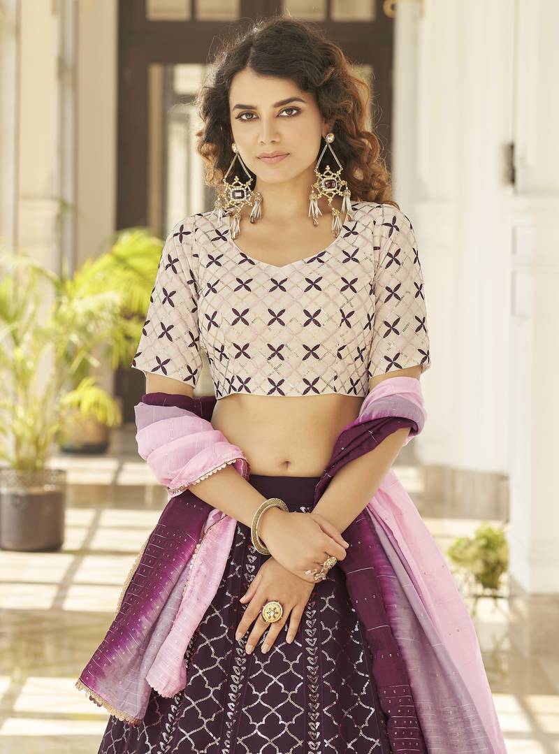 Purple Thread And Multi Sequins Embroidered Georgette Designer Lehenga Choli