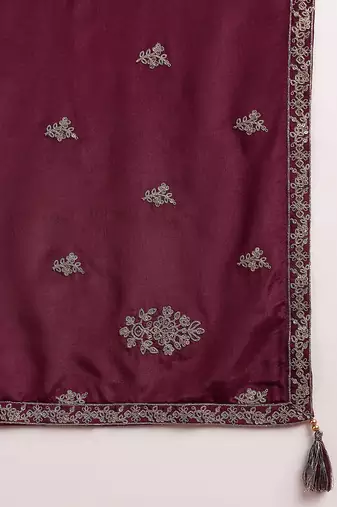 women purple silk blend solid embroidered anarkali kurta trouser with dupatta