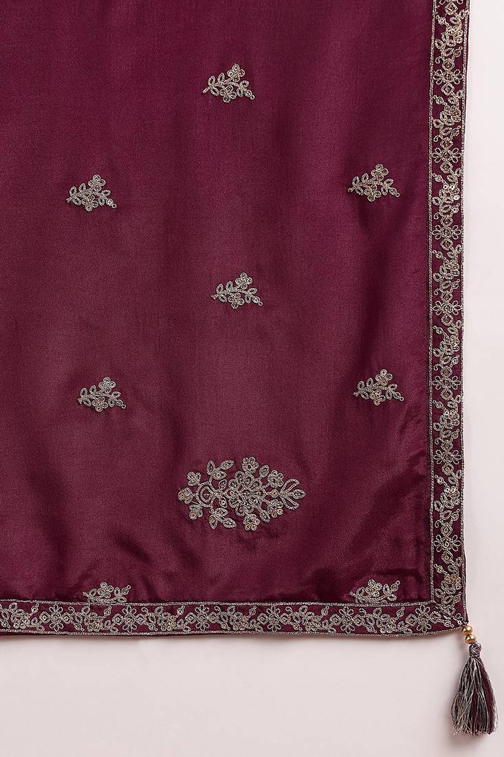 women purple silk blend solid embroidered anarkali kurta trouser with dupatta