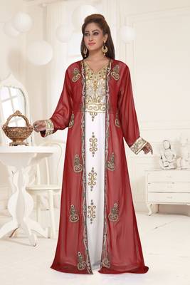 Maroon & White color Full Sleeves Handmade Two Piece Jacket Style Moroccan Kaftan 1