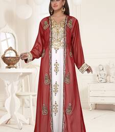 Maroon & White color Full Sleeves Handmade Two Piece Jacket Style Moroccan Kaftan