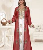 Maroon & White color luxurious Full Sleeves Handmade Two Piece Jacket Style Moroccan Kaftan.