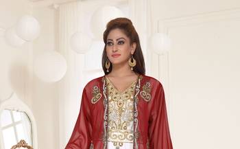 Maroon & White color Full Sleeves Handmade Two Piece Jacket Style Moroccan Kaftan 2