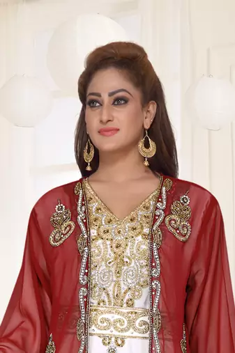 Maroon & White color Full Sleeves Handmade Two Piece Jacket Style Moroccan Kaftan