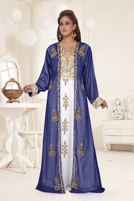 Navy Blue & White color Full Sleeves Handmade Two Piece Jacket Style Moroccan Kaftan 1