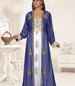 Navy Blue & White color luxurious Full Sleeves Handmade Two Piece Jacket Style Moroccan Kaftan.