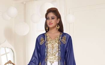 Navy Blue & White color Full Sleeves Handmade Two Piece Jacket Style Moroccan Kaftan 2