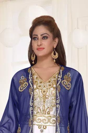 Navy Blue & White color Full Sleeves Handmade Two Piece Jacket Style Moroccan Kaftan