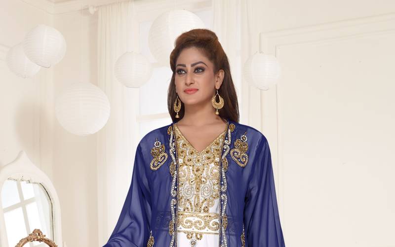 Navy Blue & White color luxurious Full Sleeves Handmade Two Piece Jacket Style Moroccan Kaftan.