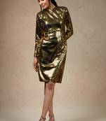 Gold metallic bodycon dress with trench coat