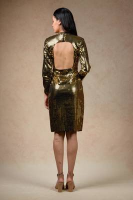 Gold metallic bodycon dress with trench coat 2