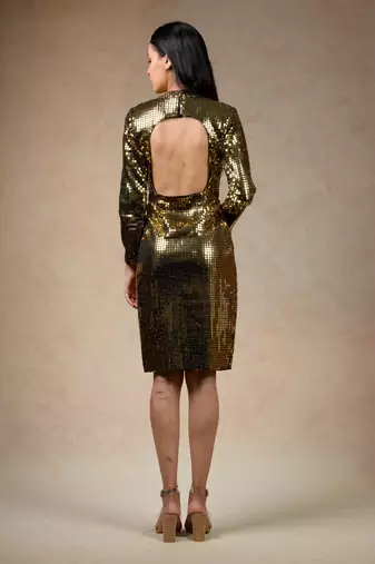 Gold metallic bodycon dress with trench coat
