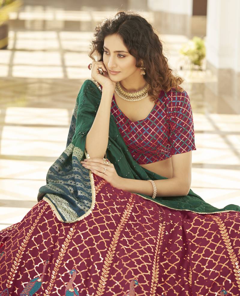 Deep Pink Thread And Multi Sequins Embroidered Georgette Indian Lehenga Dress