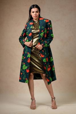 Gold metallic bodycon dress with trench coat 3