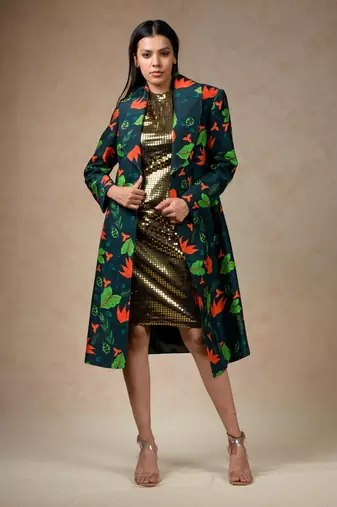 Gold metallic bodycon dress with trench coat