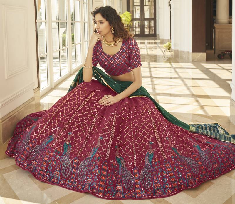 Deep Pink Thread And Multi Sequins Embroidered Georgette Indian Lehenga Dress