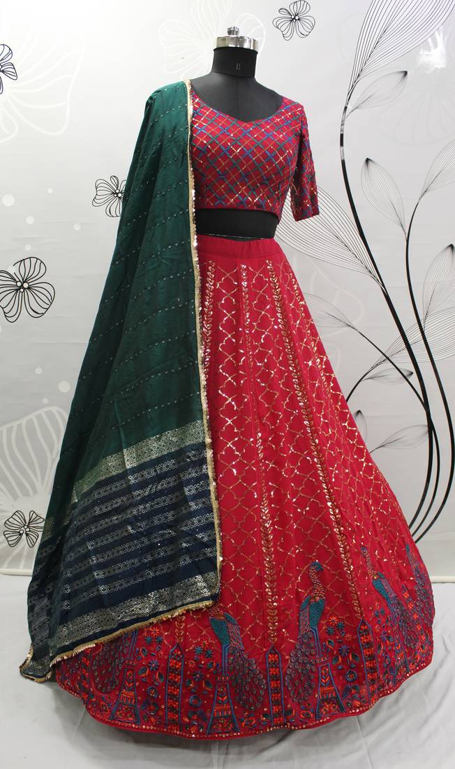 Deep Pink Thread And Multi Sequins Embroidered Georgette Indian Lehenga Dress