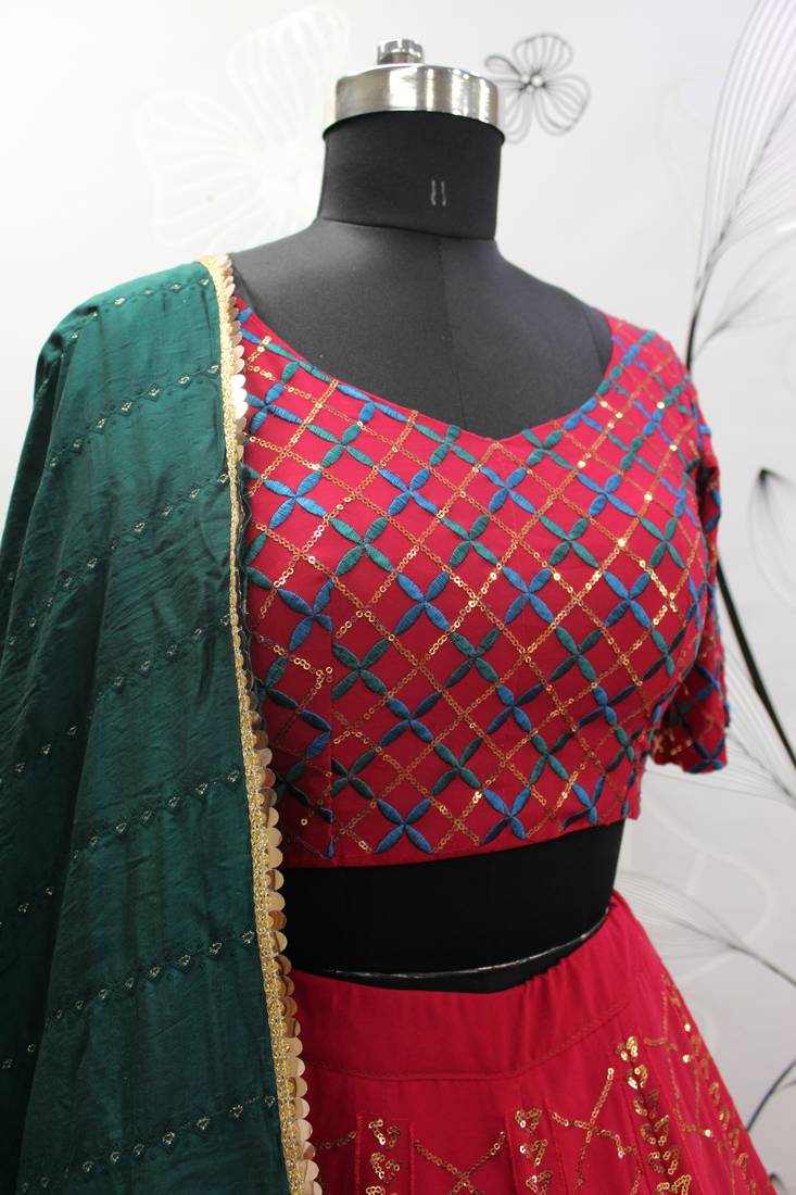 Deep Pink Thread And Multi Sequins Embroidered Georgette Indian Lehenga Dress