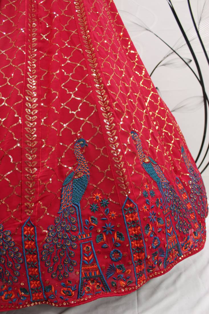 Deep Pink Thread And Multi Sequins Embroidered Georgette Indian Lehenga Dress