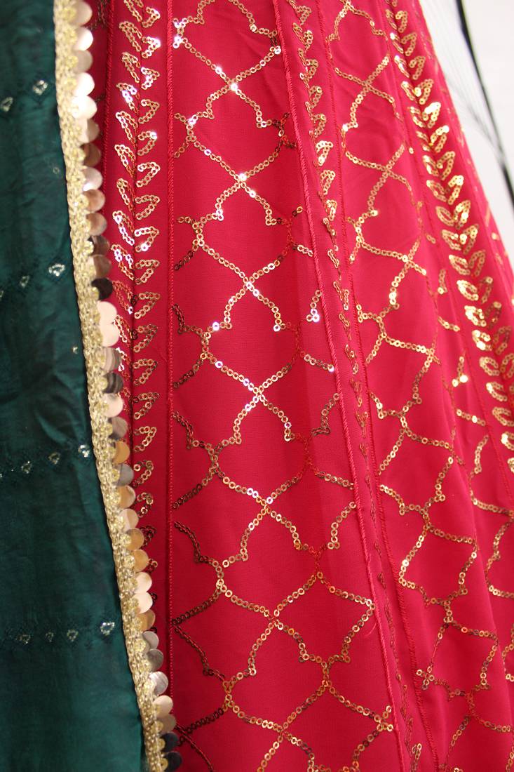 Deep Pink Thread And Multi Sequins Embroidered Georgette Indian Lehenga Dress