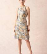 Hand embroidered cloud grey floral print dress
