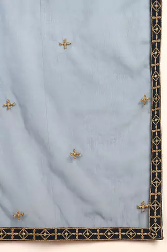 women blue silk blend solid embroidered straight kurta palazzos with dupatta