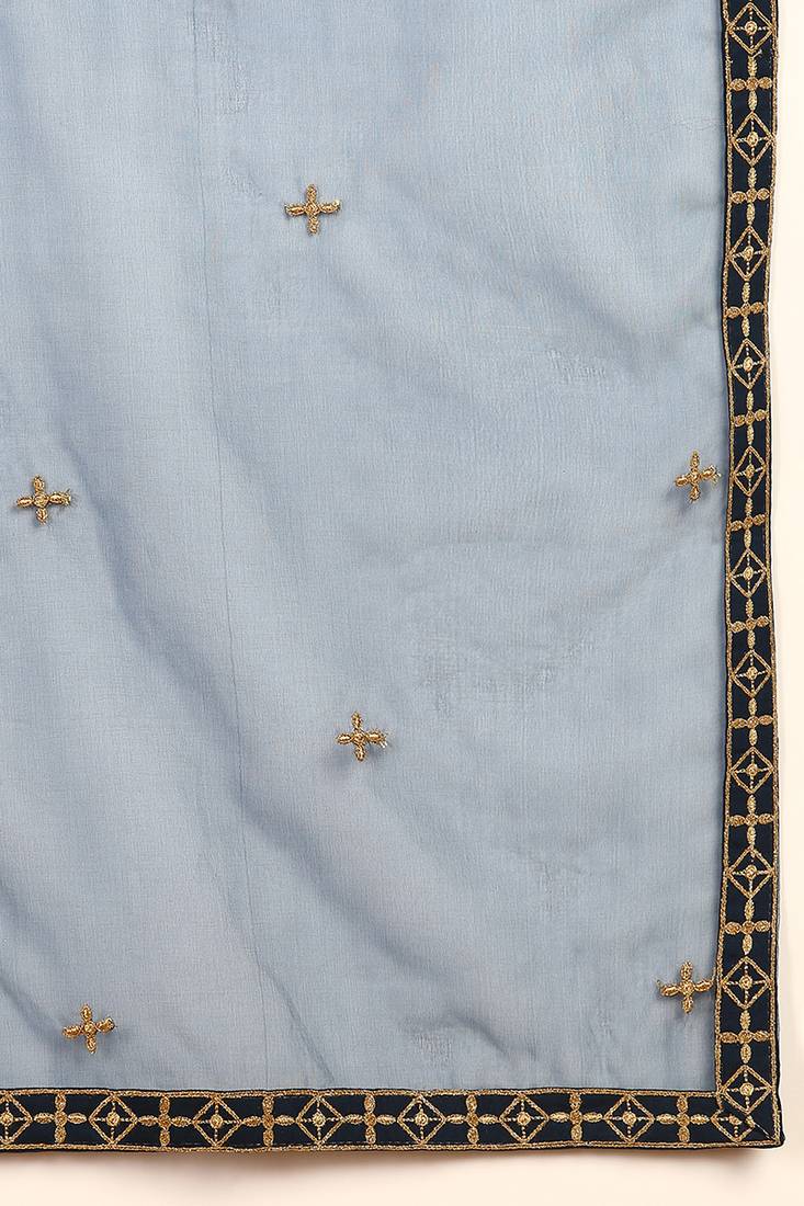 women blue silk blend solid embroidered straight kurta palazzos with dupatta