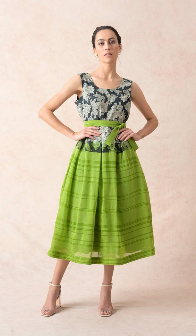 Printed & striped box pleated dress - Thetaa - 4412754