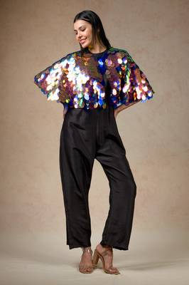 Hand embroidered big sequence reflective cape with pure silk black jumpsuit 1