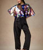 Hand embroidered big sequence reflective cape with pure silk black jumpsuit