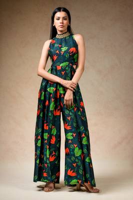 Green flaming lily copyright print hand embroidered flared jumpsuit 1