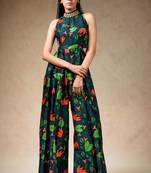 Green flaming lily copyright print hand embroidered flared jumpsuit