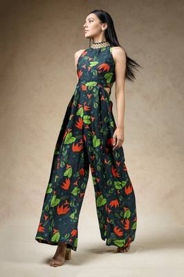 Green flaming lily copyright print hand embroidered flared jumpsuit 2